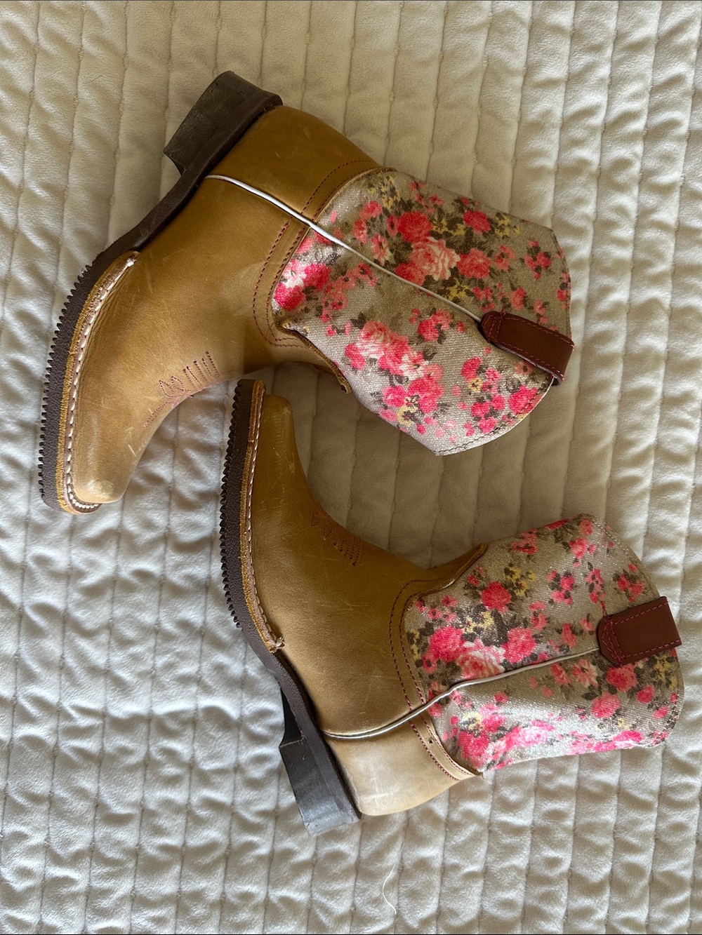 Women’s Floral Print Tan Ankle Boots